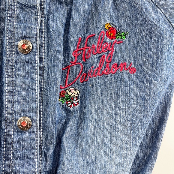 Harley Davidson Romper Girls 6 Blue Denim Floral Button Snap Jumpsuit - Picture 2 of 10